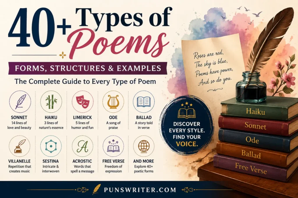 Infographic showing 40+ types of poems including haiku, sonnet, ballad, ode, free verse, villanelle, and other poetic forms with examples.