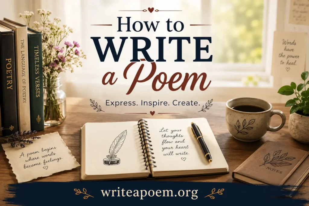 How to Write a Poem featured image showing a cozy writing desk with notebook, pen, books, coffee cup, and the writeapoem.org website name