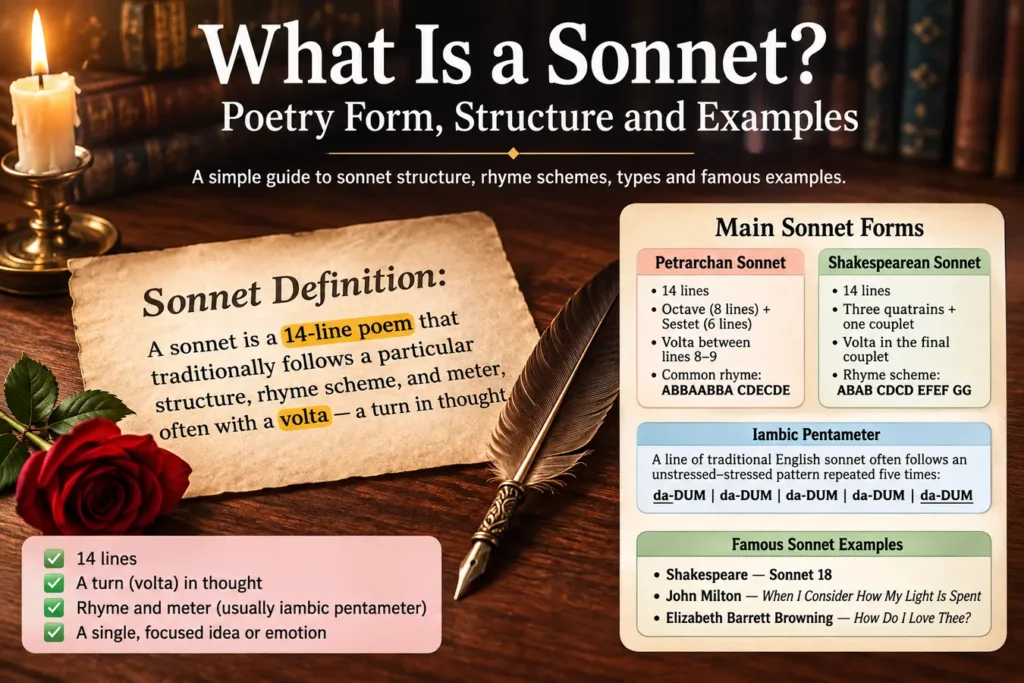 What is a sonnet explained with 14-line poetry structure and rhyme scheme
