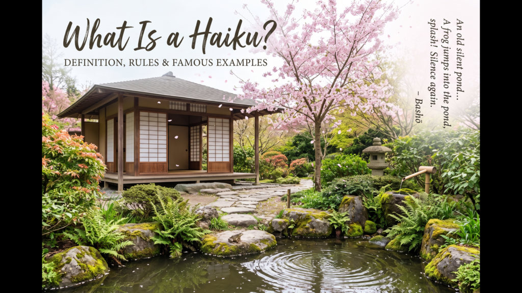 What is a haiku illustrated with a peaceful Japanese garden and falling cherry blossoms