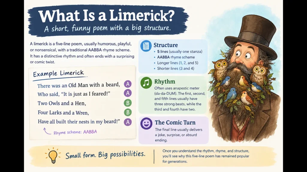 Limerick poem explained with five-line structure, rhythm, rhyme, and Edward Lear example