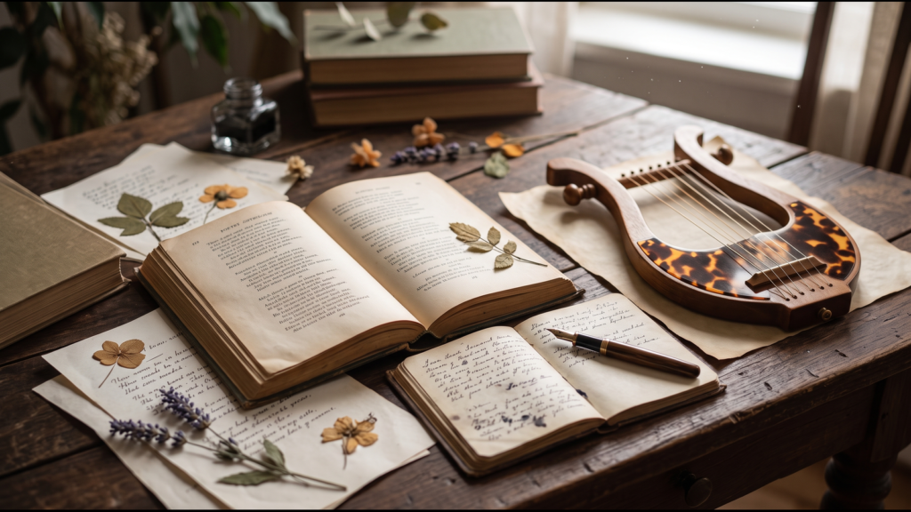 Lyric poetry meaning shown through handwritten verses and a classical musical instrument